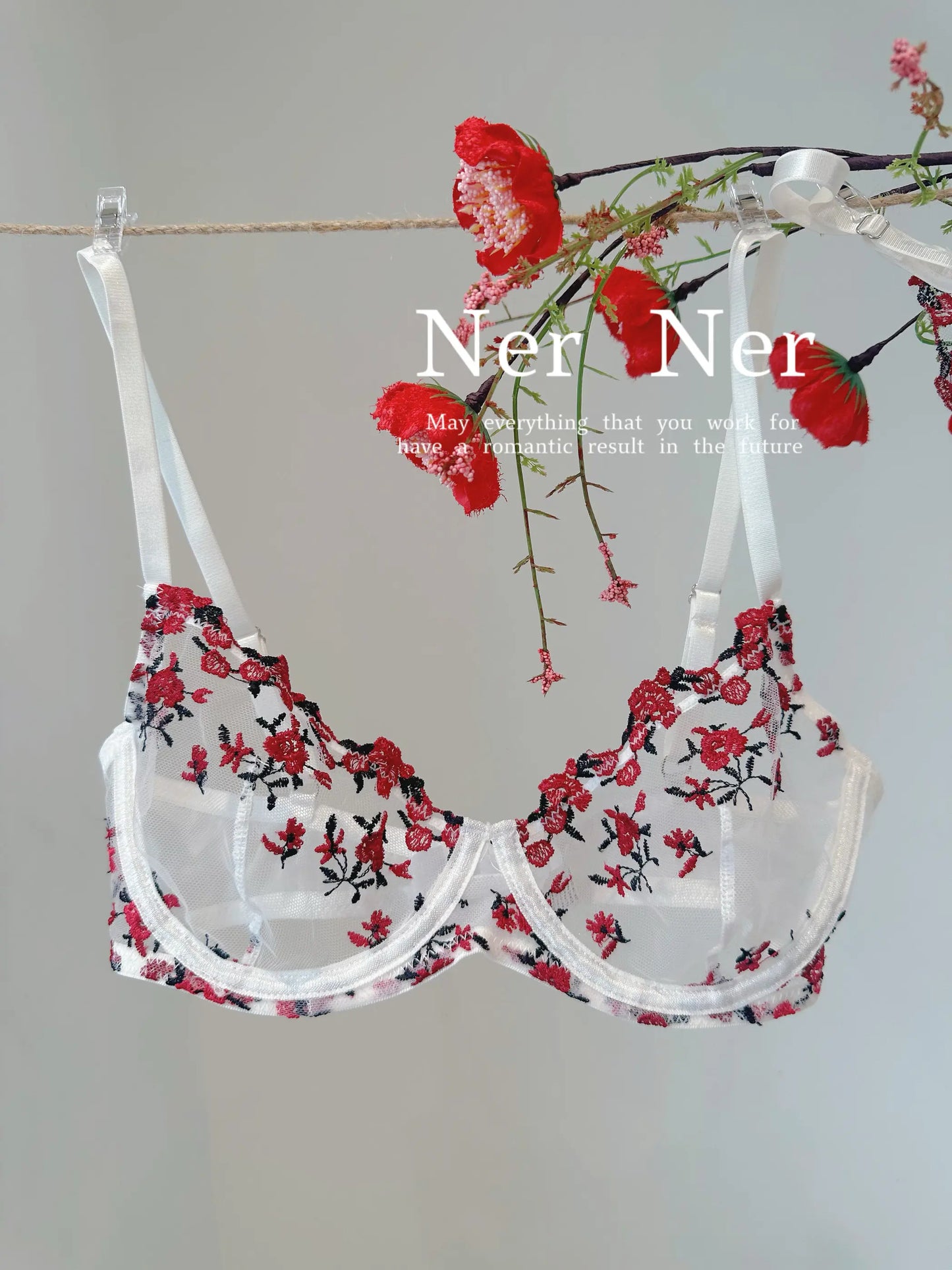 Sweet Sexy Lace Lingerie Set, Floral Embroidery Sheer Mesh, Thin Cooling, Big Bust Relief, Japanese Daily Women Underwear 32-38