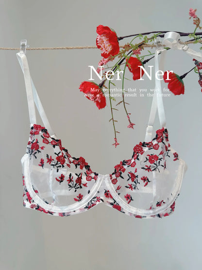 Sweet Sexy Lace Lingerie Set, Floral Embroidery Sheer Mesh, Thin Cooling, Big Bust Relief, Japanese Daily Women Underwear 32-38
