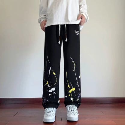 Trendy Men’s Graffiti Jogger Trousers American Street Style Wide Straight Leg Pants Loose Casual Long Pants for Everyday Wear