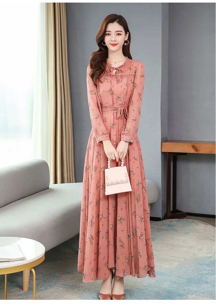 Fashionable new women's dress, chiffon long sleeve, Korean style floral print, new autumn and winter product, large hem, slimmin