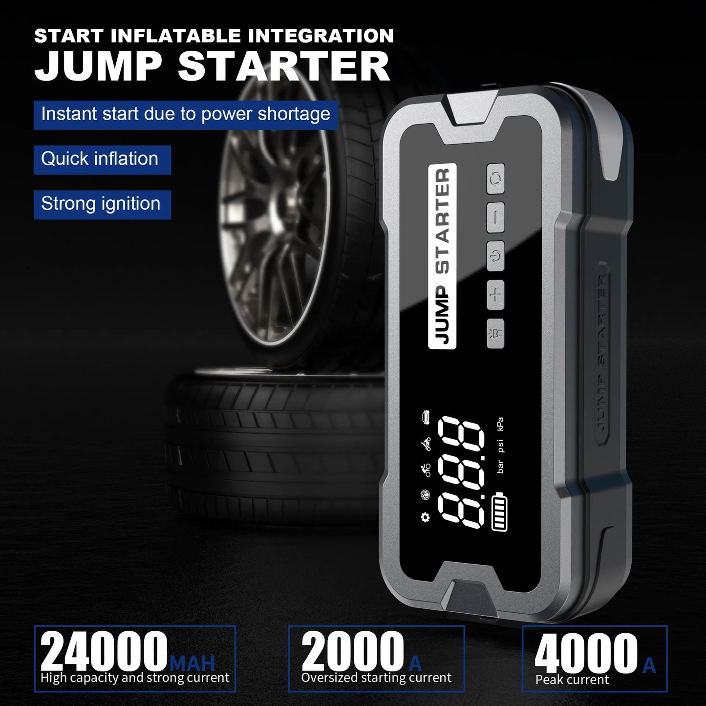 10000mAh 2000A Peak Car Jump Starter Air Compressor 4 in 1 Emergency Flashlight Portable Power Bank for Gas & Diesel Vehicles