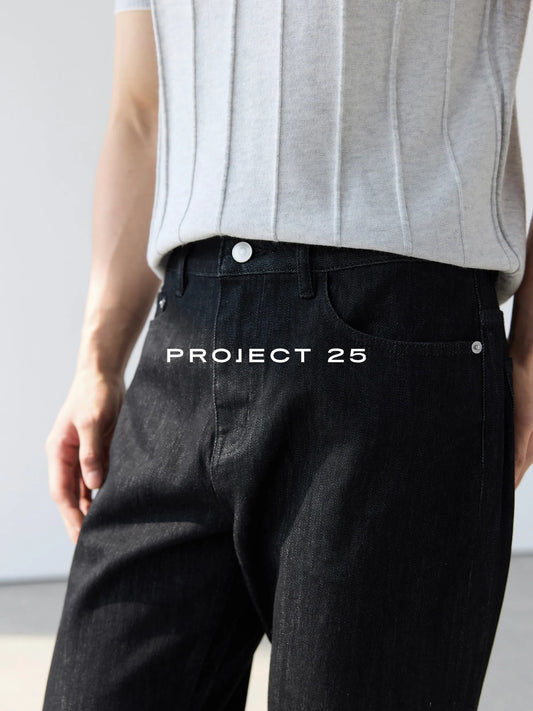 PROJECT 25 Men's Japanese Triacetate Denim Jeans - 11.2oz Black Washed Straight Fit with Slight Stretch Tailored Casual Trousers