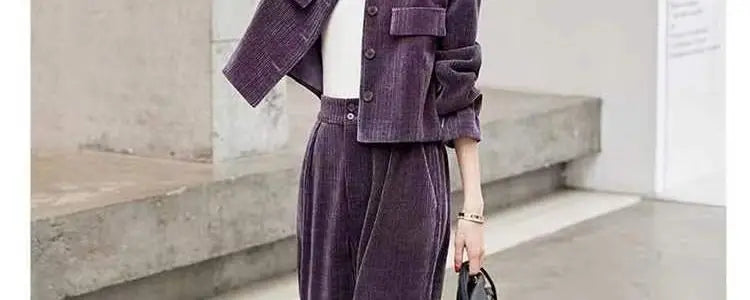 Fashionable Corduroy Set Women's Autumn Winter New Style Elegant Lady Fragrance Wind Coat Wide Leg Pants Two Piece Suit