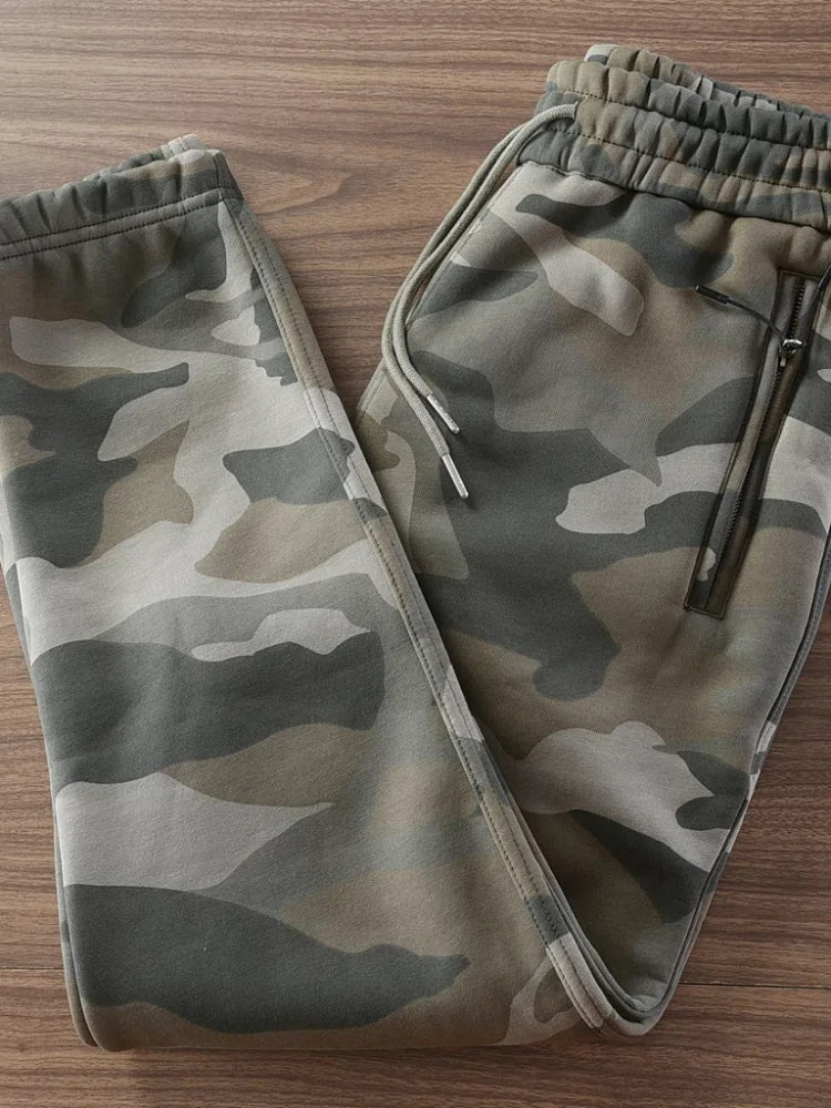 Autumn and Winter American Retro Thickened Velvet Camouflage Sweatpants Men's Fashion Drawstring Sports Casual Ankle-tied Pants