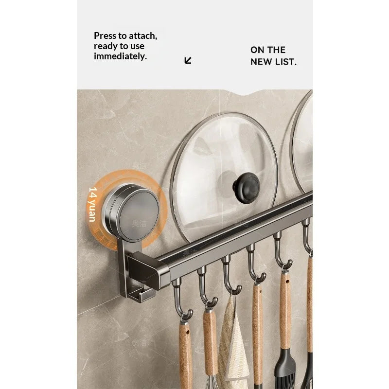 Suction Cup Kitchen Storage Rack Hook Rod No Drill Required Pot Spatula Spoon Knife Integrated Wall-Mounted Storage Rack