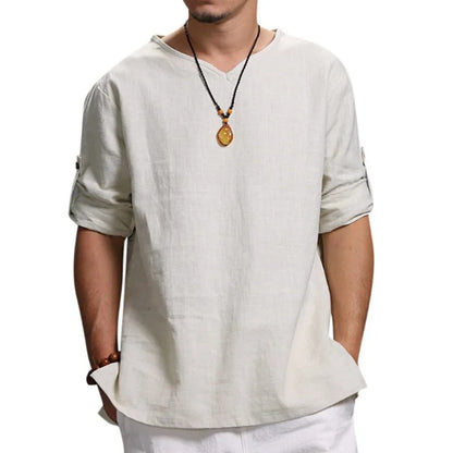 Men's Long Sleeve Loose Shirts Summer Solid Color Casual Shirt High Quality Plus Size V-Neck Shirt Male Clothing 2026
