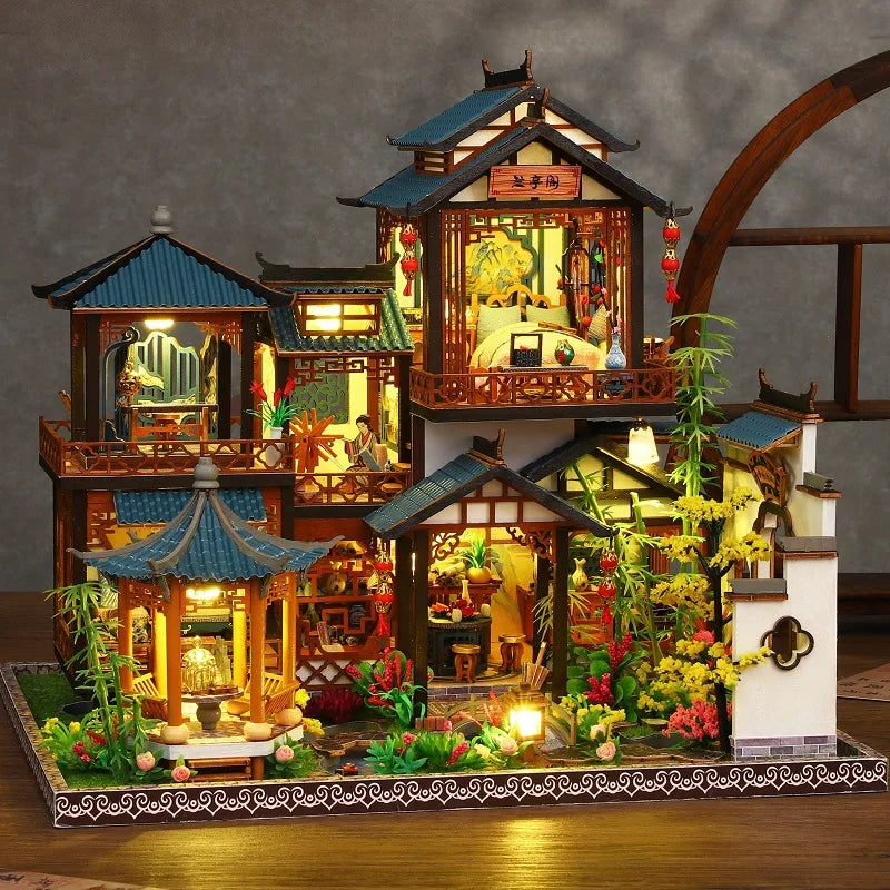 DIY Miniature Dollhouse Traditional Chinese Courtyard,3D Wooden Puzzle DIY Kit with LED Light, Creative Birthday Gift Home Decor