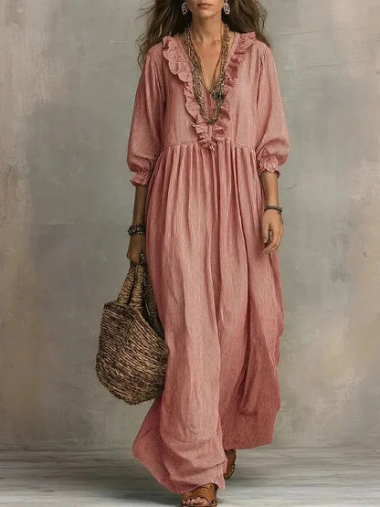 2026 New European and American Independent Website Striped Ruffled Loose High-Waisted V-Neck Fashion Casual Dress