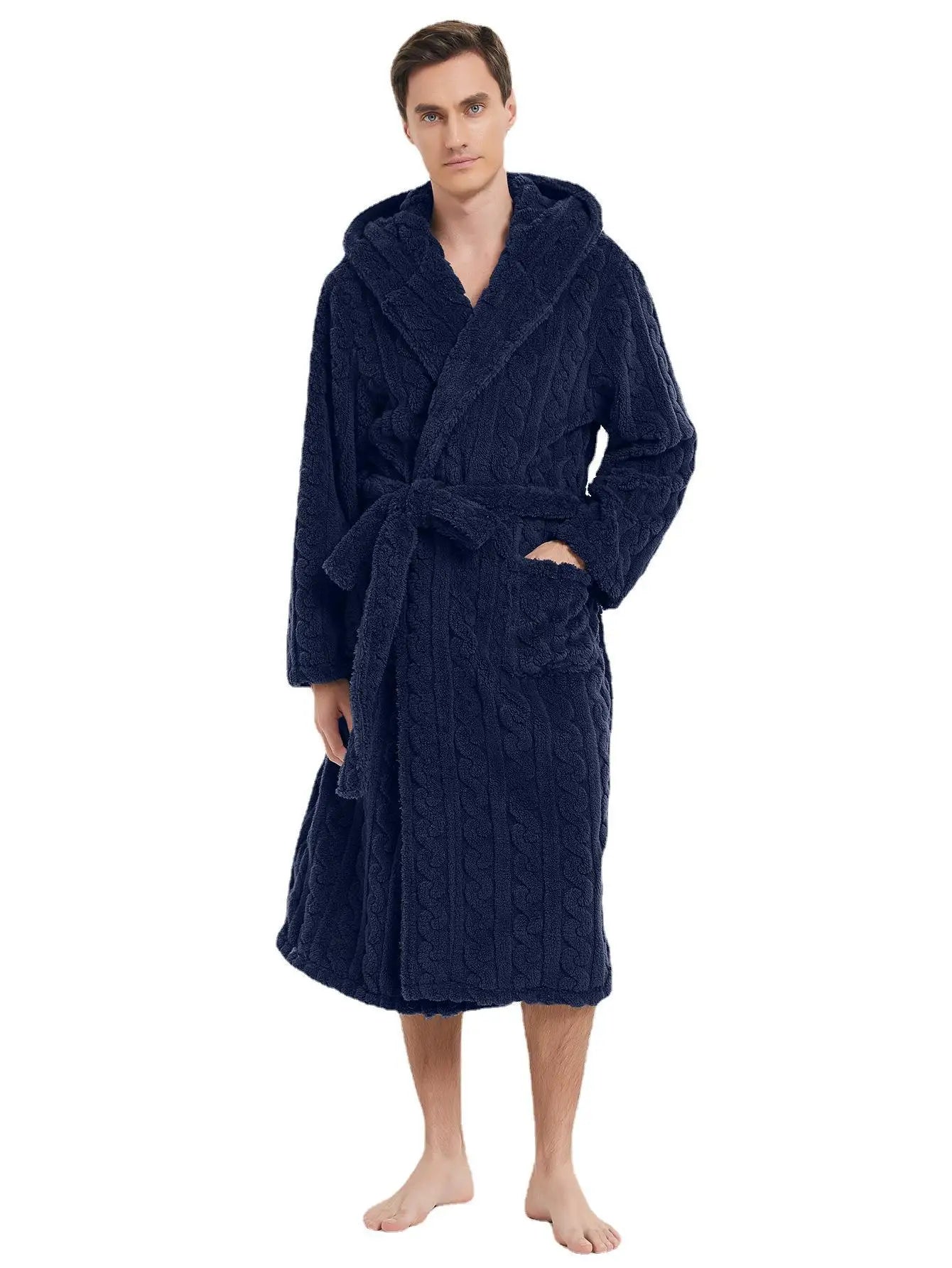 The New Fall and Winter Men's Warm Robe Pajamas Couple Robe Shu Cotton Velvet Jacquard Hooded Thickened Couple Robe Homewear