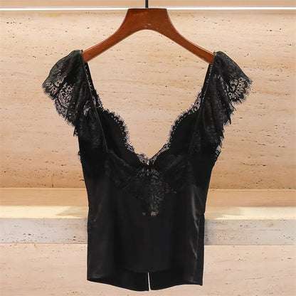 Women's vest New lace patchwork V-neck sleeveless top for spring 2026 Sexy backless Tank top suspender women's corset crop top