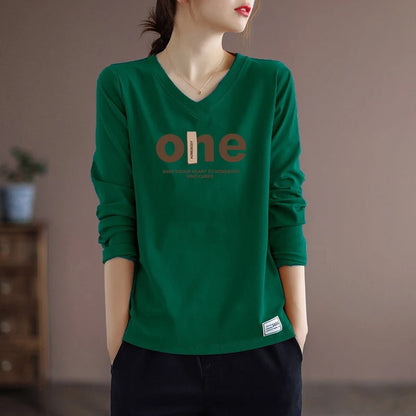 Pure Cotton Long Sleeve Women's T-shirt Autumn Season Versatile Base Layer Top Commute Style Loose Fit Regular Thickness
