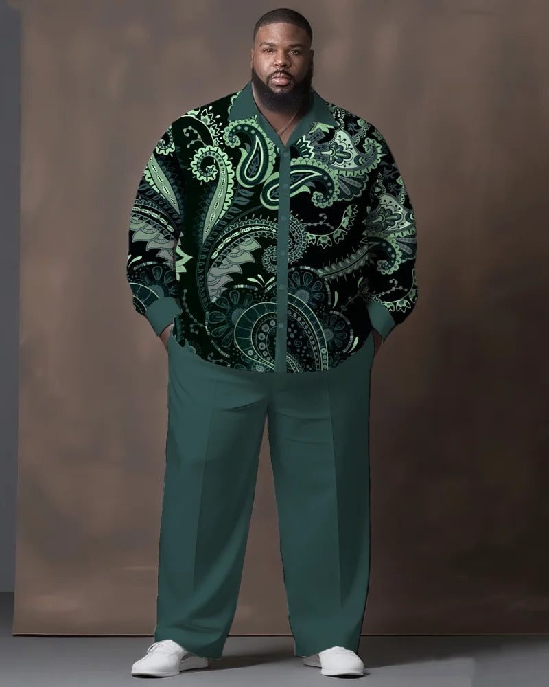 S-9XL Big & Tall Men's Vintage Print Shirt And Long Pants Loose Fit 2-Piece Set