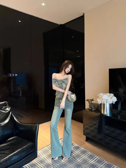 Sexy Slimming Bell Bottoms Two Piece Set with Strapless Denim Vest And  Knot Top for Young Women Spring Fashion