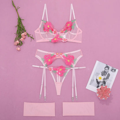 Tornova Sexy Embroidery Lingerie Suit for Women Mesh Patchwork Embroidery Women's Underwear Suit Sexy Garters Mesh Underwear Set