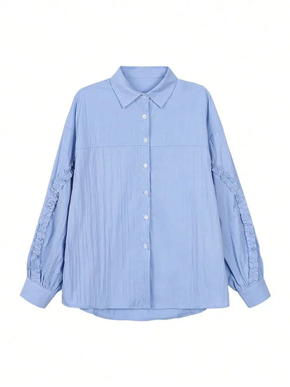 New Elegant Blue Lace trim on Sleeve Button Shirt Loose Long Sleeve Blouses Korean Popular Women's Clothes Large Size Top Autumn
