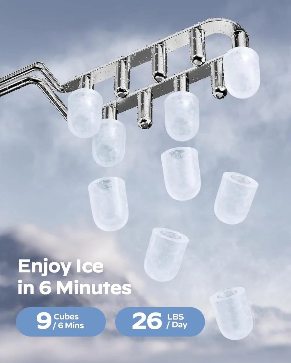 Ice Maker Countertop: 9 Cubes in 6 Mins, 26 lbs/Day, 2 Sizes, Self-Cleaning, Portable with Handle for Home, Kitchen, Camping, RV, Office, Black