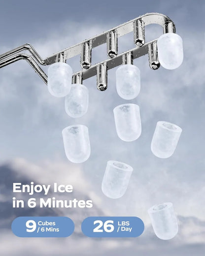 Ice Maker Countertop: 9 Cubes in 6 Mins, 26 lbs/Day, 2 Sizes, Self-Cleaning, Portable with Handle for Home, Kitchen, Camping, RV, Office, Black