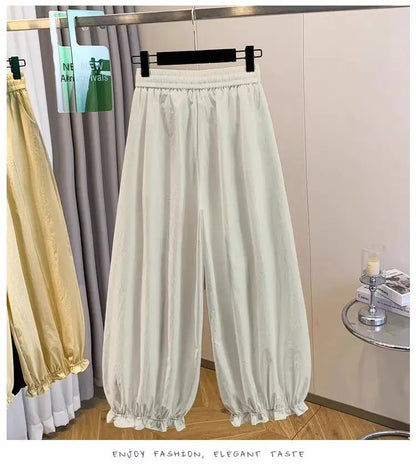 Casual Ice Silk Quick Dry Nine-Piece Flower Bud Pants Women Summer Thin Loose High Waist Draping Lantern Pants