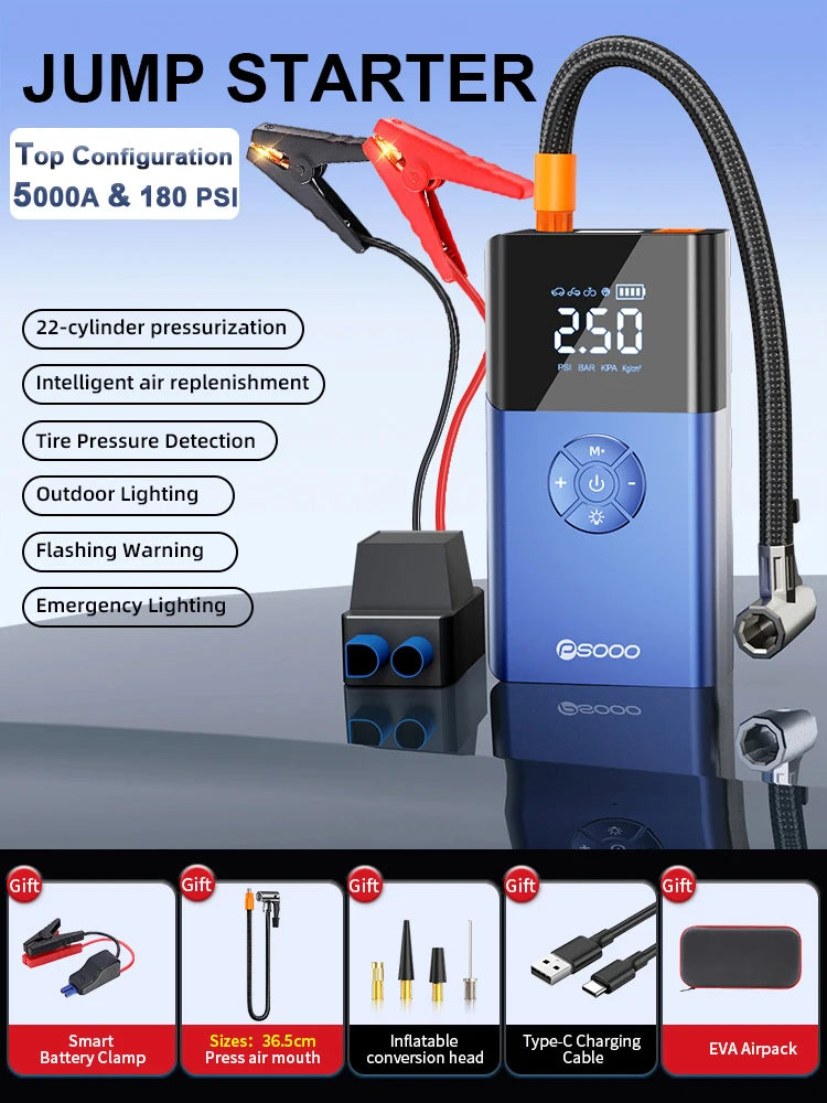 5000a 180 Psi Car Jump Starter Compressor Battery Portable Power Bank Tire Capacitor Booster 12v Emergency Jumper With Air Pump