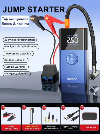 5000a 180 Psi Car Jump Starter Compressor Battery Portable Power Bank Tire Capacitor Booster 12v Emergency Jumper With Air Pump
