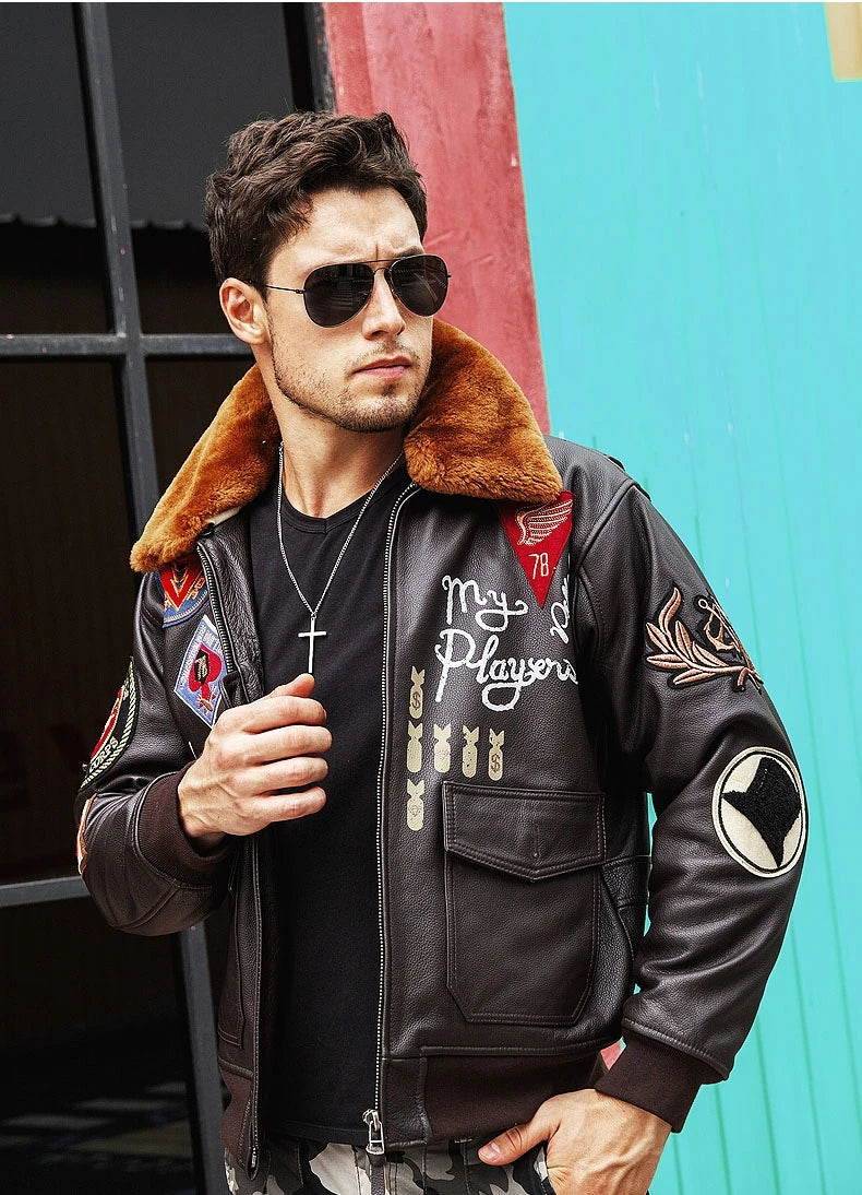 men's Retro Embroidered Leather Jacket CASUAL Loose Fit Pure Cowhide Air Force G1 Pilot Jacket with Fur Collar genuine leather