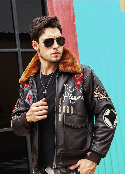 men's Retro Embroidered Leather Jacket CASUAL Loose Fit Pure Cowhide Air Force G1 Pilot Jacket with Fur Collar genuine leather