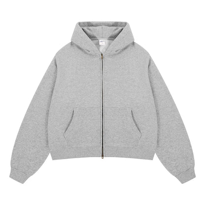 Custom LOGO women's  Autumn Winter New 370G Heavy Fleece BOXY Short and Wide Double Head Zipper Cardigan Couple Hooded Sweater