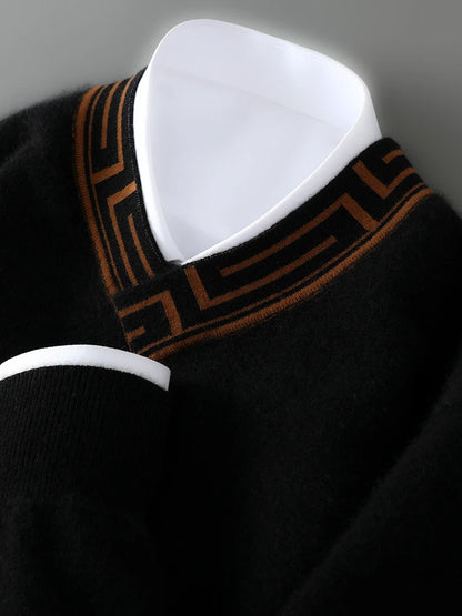 Autumn and winter new men's V-neck 100% pure cashmere sweater thick long sleeve contrast cashmere knitting fashion.
