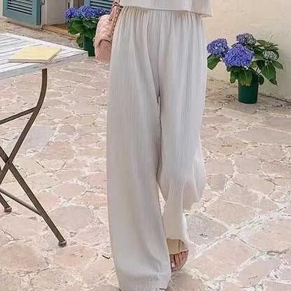 Summer 2025 New Folded Square Collar Bubble Sleeve Shirt High Waist Loose Casual Wide Leg Pants Two Piece Set Women's Fashion