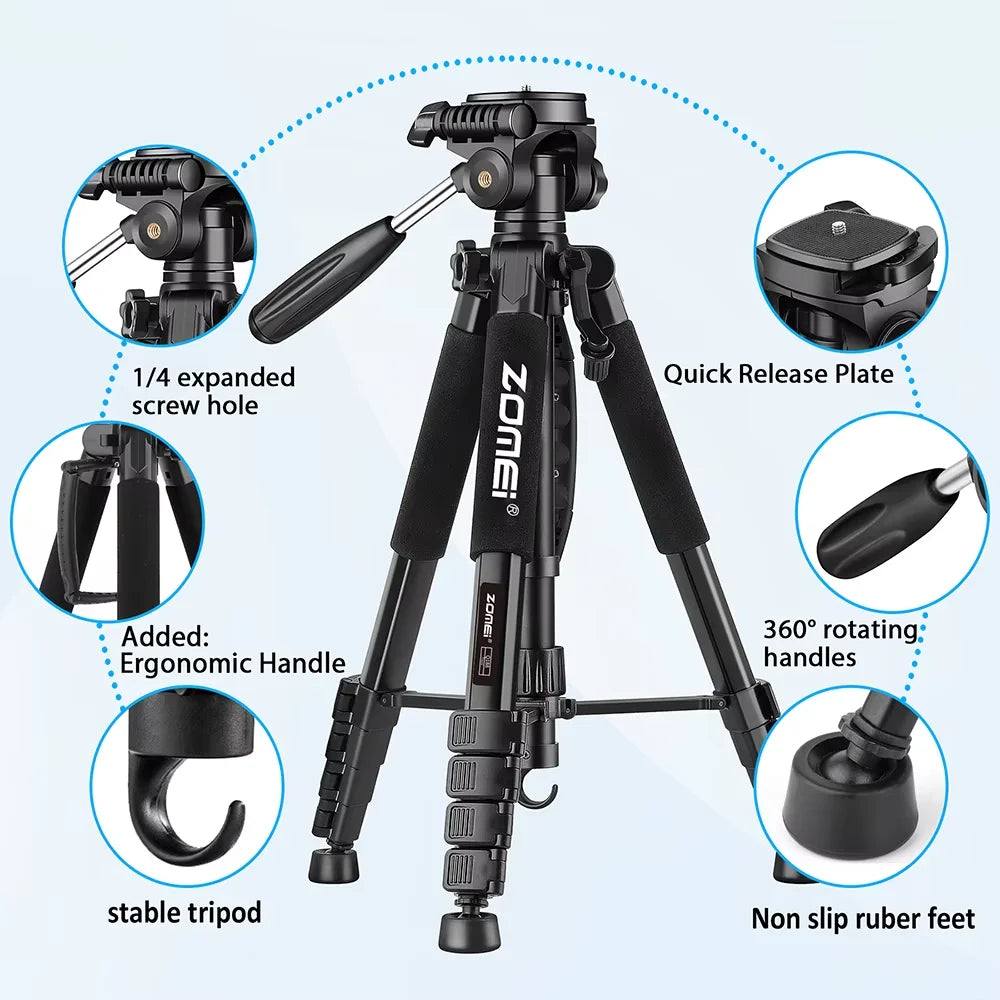 187cm/73.6in Tall Zomei Aluminum Alloy Portable Tripod for Camera DSLR Canon Nikon, 360 Degree Panorama Photography Phone Stand