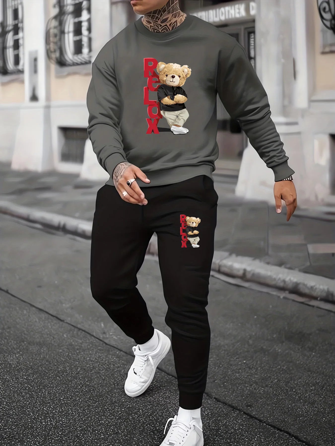 Men's autumn and winter casual warm RELDX bear print loose and thick velvet round neck sweatshirt+sports pants set