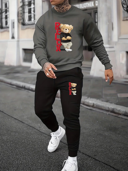 Men's autumn and winter casual warm RELDX bear print loose and thick velvet round neck sweatshirt+sports pants set