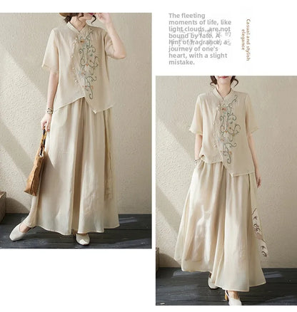 New National Style Heavy Embroidery  Set Women Summer Loose plus Size Fringed Wide Leg Pants Skirt Slimming Two Piece Set