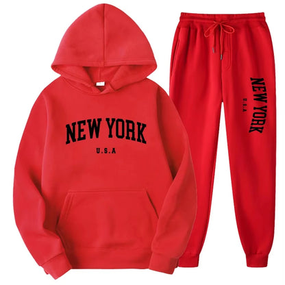 New York Print Hoodies Casual American Style Hoodie Set Mens Autumn Long Sleeves Hooded Loose Pullover Street Sweatshirt