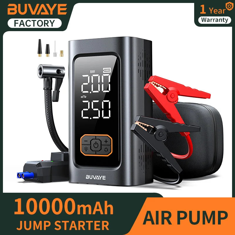 BUVAYE Car Jump Starter Power Bank Portable Air Pump 10000 mAh Auto Booster Emergency Starting Device For Petrol Diesel EV‌