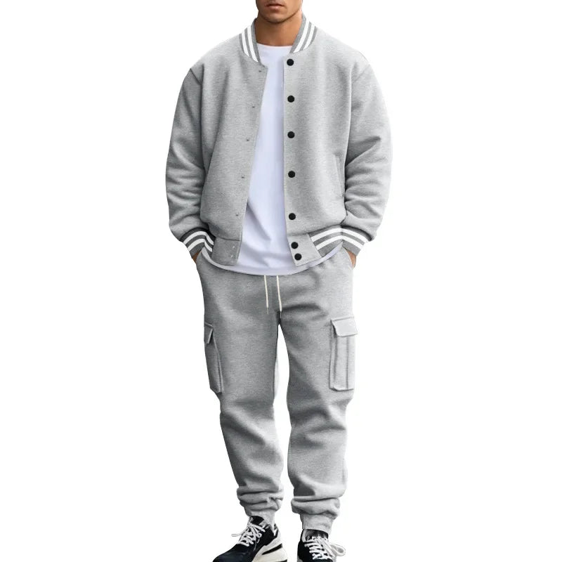 Autumn and winter American stand-up collar baseball jersey trousers fleece casual jacket men's loose sports suit