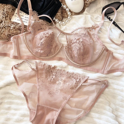 Sexy Hollow Women Underwear Lace Floral Embroidery French Ultra Thin Cup Push Up Bra Set Adjustable Strap Brassiere Panties Sets