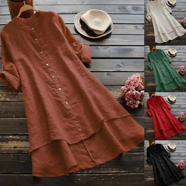 Women's Long Cotton Linen irt Blouse Top Pure Color Stand Collar Button Sve Polyester Fiber Mid-Length Gored Hem