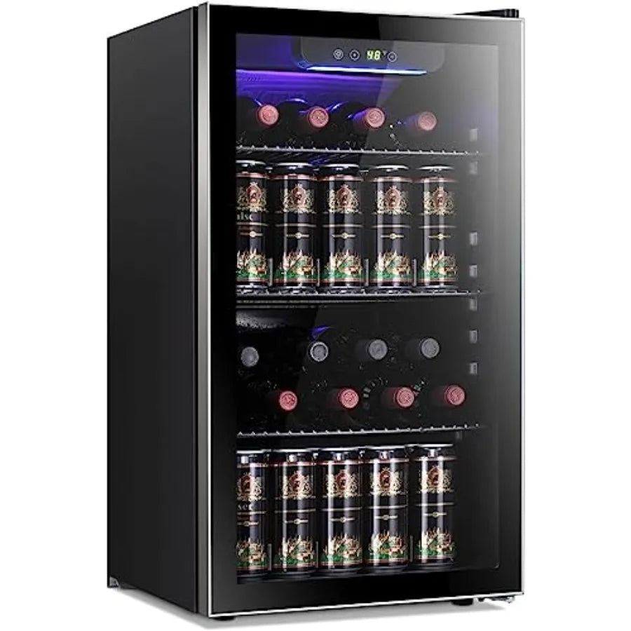 26 Bottle 130 Can Wine Cooler/Cabinet Beverage Refrigerator Mini Wine Cellar Beer Soda Clear Glass Door Bar Fridge Quiet Compre