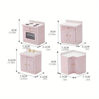 Playdoll House Miniature Furniture Kitchen Set with Wooden Pink Cabinet and Sink