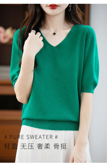 Thin Worsted Wool Short-Sleeved Women's Loose Round Neck T-shirt Printed Summer Fashion Knitted Bottoming Shirt Half-Sleeved