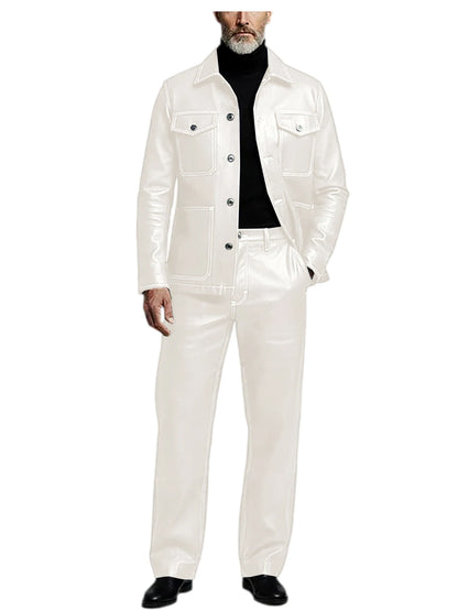 Men's 2 Piece PU Leather Suit Set Multi Pocket Shirt Collar Trucker Jacket Straight Leg Pants Business Casual Streetwear Outfits