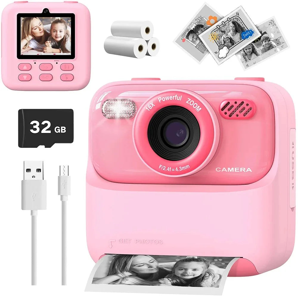 Upgrade Kids Camera Instant 1080P HD Dual Lens Selfie Digital Camera for Girls Boys Christmas Birthday Gifts Toys With 32G Print