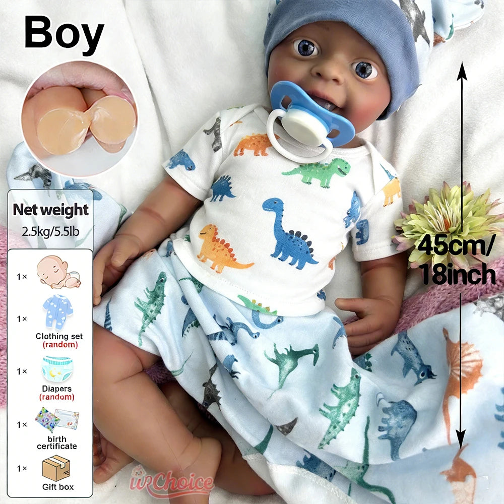 18Inch Dark Skin Full Body Silicone Reborn Baby Realistic Newborn Boy Weighted Lifelike Doll Anatomically Correct for Kids Toy