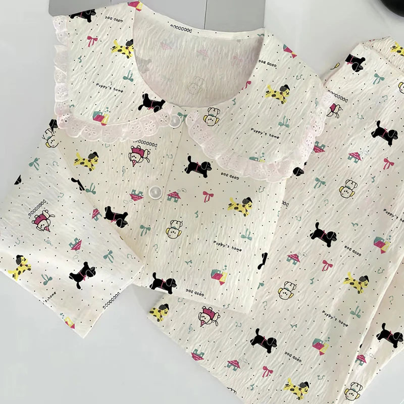 Cloud Cotton Sleepwear Set for Women Casual Spring Autumn Long Sleeve Long Pants Home Clothes  Plant Floral Print