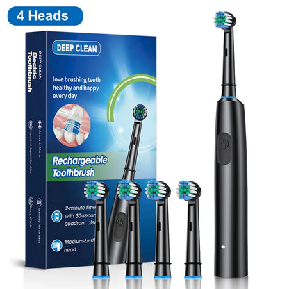 Electric Rotating Toothbrush Deep Clean Whitening Teeth for Adult Ultrasonic Toothbrush with 4/8pcs Refill Replacement Heads