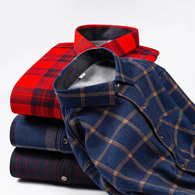 Thickened Flannel Men's Shirt Fashion Warm Plaid Winter Casual Square Collar plus Size Clothing Fleece Lined Double Sided Velvet