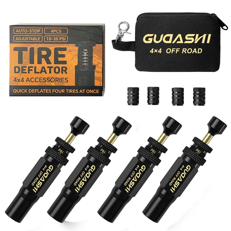 (10-30 PSI) 4 PCS Adjustable Auto-Stop Tire Deflator Valve Kit 4x4 Screw-on Tyre Air Down Tool for Vehicles Motorcycle Offroad
