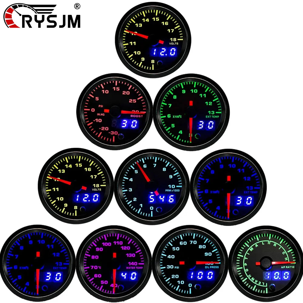 2" 52mm 7 Color LED Dual Display Gauge Boost PSI Boost BAR Water / Oil Temp Oil Pressure Voltmeter Air Fuel Ratio EGT Tachometer