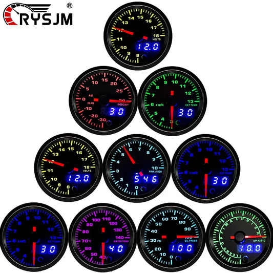 2" 52mm 7 Color LED Dual Display Gauge Boost PSI Boost BAR Water / Oil Temp Oil Pressure Voltmeter Air Fuel Ratio EGT Tachometer